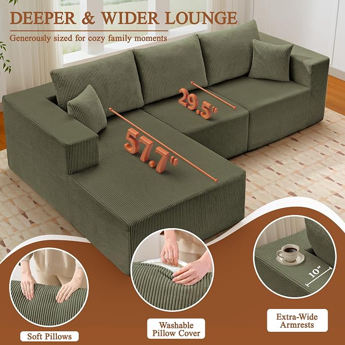 Modular Sectional Sofa for Living Room, 108" Cloud Couch Sectional with L-Shape Chaise, Modern Upholstered Corduroy Boneless Couch with Memory Foam Deep Seat, No Assembly Required (Green)