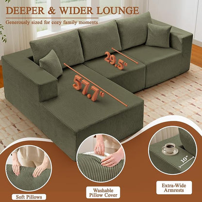 Modular Sectional Sofa for Living Room, 108" Cloud Couch Sectional with L-Shape Chaise, Modern Upholstered Corduroy Boneless Couch with Memory Foam Deep Seat, No Assembly Required (Green)