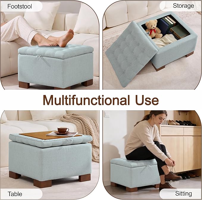 WUTUTUEE 24" Fabric Square Storage Ottoman with Wooden Tray, Modern Tufted Button Footstool Coffee Table, Upholstered Small Ottoman for Living Room, Bedroom, Blue