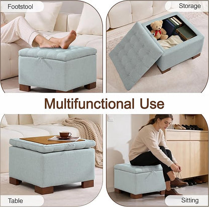 WUTUTUEE 24" Fabric Square Storage Ottoman with Wooden Tray, Modern Tufted Button Footstool Coffee Table, Upholstered Small Ottoman for Living Room, Bedroom, Blue