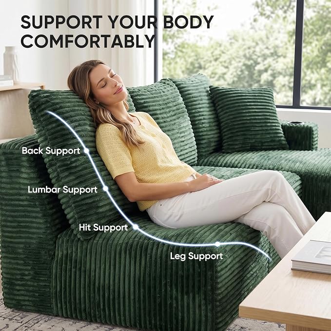 Boneless Couch, 127" Sofas for Living Room, U Shaped Couch with Chaise | Sectional Sofa, Cloud Couch Sectional with Cup Holders and Storage, Cloud Sofa with Deep Seat, Green, Corduroy, No Assembly