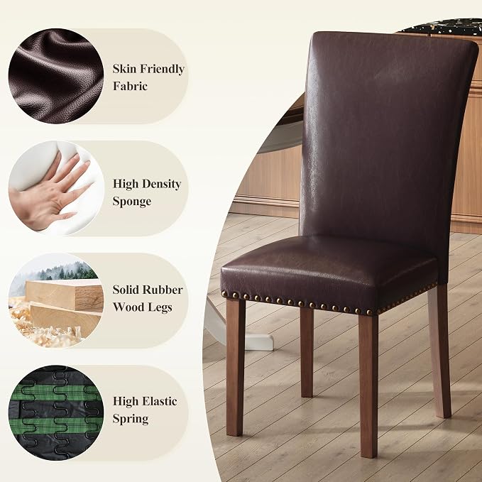 COLAMY Parsons Dining Chairs Set of 6, PU Leather Dining Room Kitchen Side Chair with Nailhead Trim and Wood Legs - Dark Brown