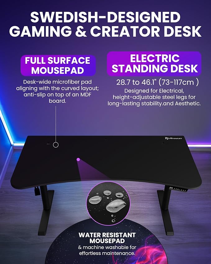 Arozzi Arena Moto Gamer Desk - 63x32” Electric Standing PC Gaming Desk with Storage for Cables - Dual Motor Steel Frame & Full-Surface Washable Mousepad - Pure Black
