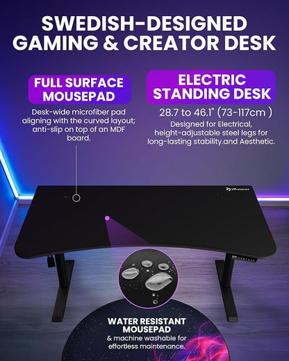 Arozzi Arena Moto Gamer Desk - 63x32” Electric Standing PC Gaming Desk with Storage for Cables - Dual Motor Steel Frame & Full-Surface Washable Mousepad - Pure Black