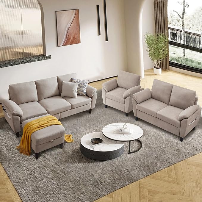 4 Piece Convertible Sectional Sofa Set, Modern Linen Small L Shaped Couch with Reversible Chaise, 3-Seater Sofa & Loveseat & Armchair for Living Room, Office, Apartment, Beige