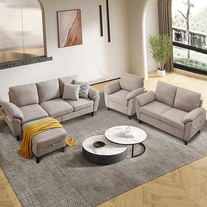 4 Piece Convertible Sectional Sofa Set, Modern Linen Small L Shaped Couch with Reversible Chaise, 3-Seater Sofa & Loveseat & Armchair for Living Room, Office, Apartment, Beige