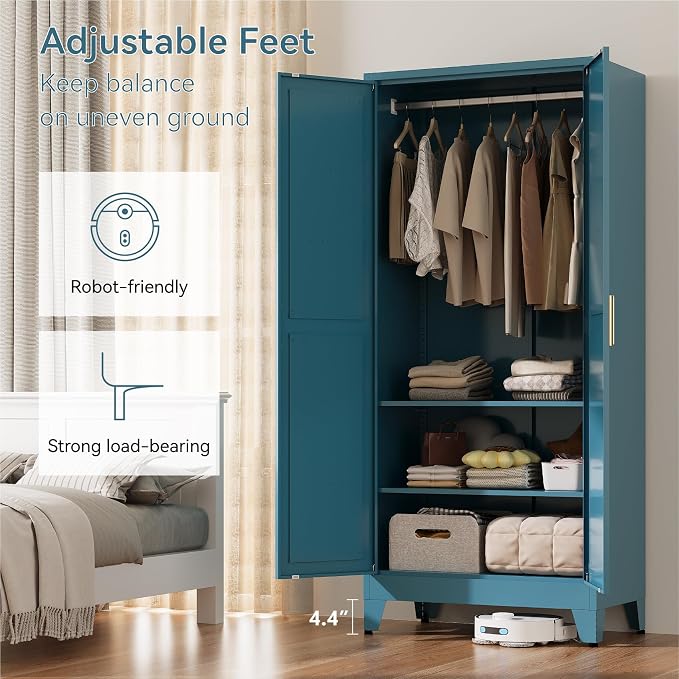 71" Tall Metal Armoire Wardrobe Closet with Removable Hanging Rod and Adjustable Shelves,Blue