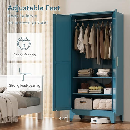71" Tall Metal Armoire Wardrobe Closet with Removable Hanging Rod and Adjustable Shelves,Blue