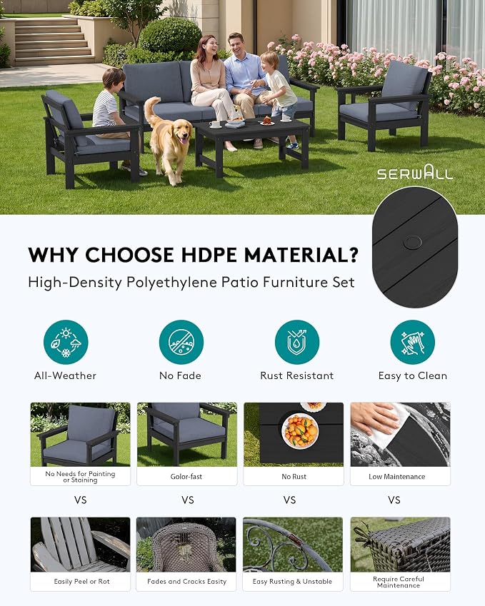 SERWALL HDPE Patio Conversation Set, 6-piece Sectional Outdoor Furniture Set, All Weather Outdoor Couch Set Patio Furniture Set for Deck, Lawn, Black Frame with Grey Cushion