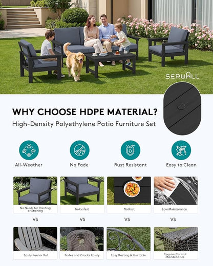 SERWALL HDPE Patio Conversation Set, 6-piece Sectional Outdoor Furniture Set, All Weather Outdoor Couch Set Patio Furniture Set for Deck, Lawn, Black Frame with Grey Cushion