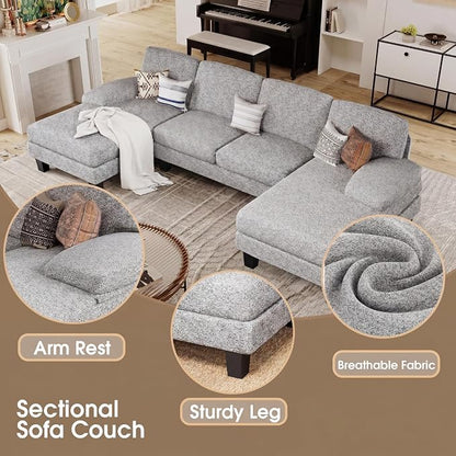 Furmax Sectional Couches for Living Room, U-Shaped Sofa Couch with Linen Fabric, 4 Seat Sofa Set with Double Chaise for Apartment (Loop Yarn, Pearl Gray)