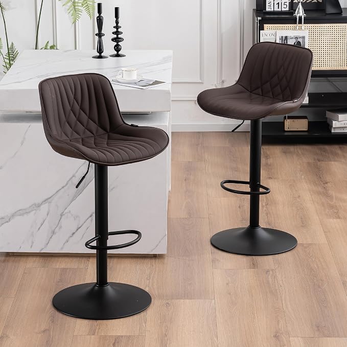 YOUTASTE Bar Stools Set of 2, Adjustable Swivel Counter Height Barstools with Back, Brown Faux Leather Upholstered Bar Chairs with Metal Base, Stools for Kitchen Island or Home Bar
