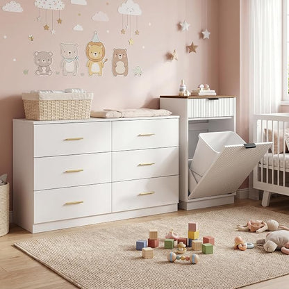 47" Modern White Dresser for Bedroom, 6-Drawer Wooden Chest of Drawers with Gold Handles,Wide Storage Cabinet for Living Room, Kid&Nursery Entryway