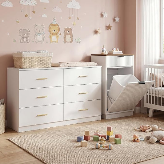 47" Modern White Dresser for Bedroom, 6-Drawer Wooden Chest of Drawers with Gold Handles,Wide Storage Cabinet for Living Room, Kid&Nursery Entryway