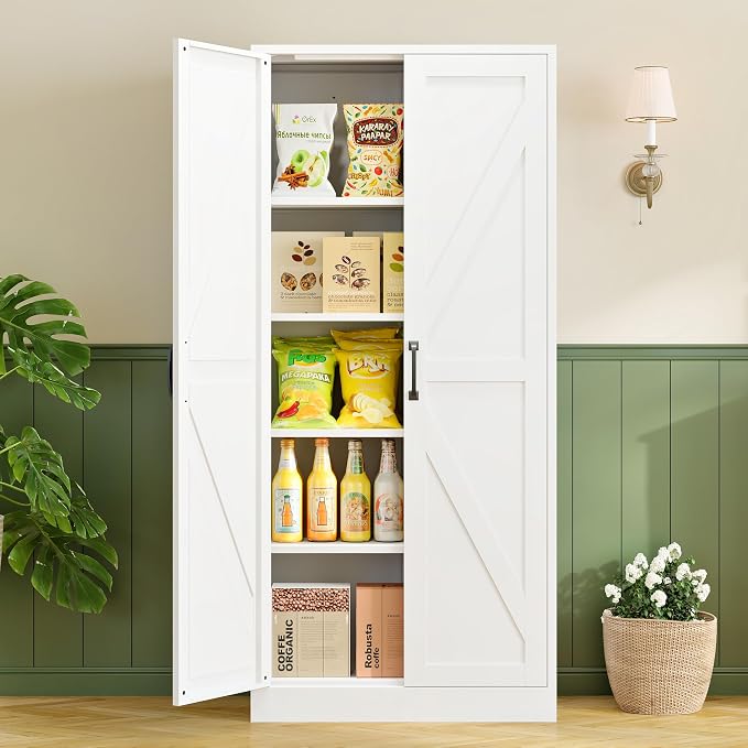 RAVIGIN Farmhouse Storage Cabinet,61" H Metal Pantry Cabinet with Barn Doors and Adjustable Shelves,61" H 4-Tier Rustic Pantry Organizers for Kitchen,Dining Room,White