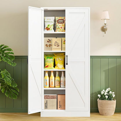 RAVIGIN Farmhouse Storage Cabinet,61" H Metal Pantry Cabinet with Barn Doors and Adjustable Shelves,61" H 4-Tier Rustic Pantry Organizers for Kitchen,Dining Room,White