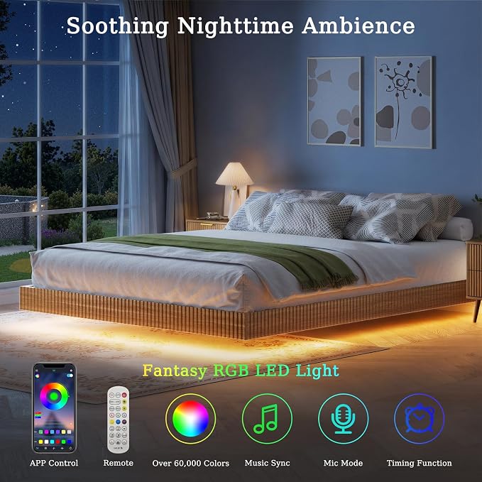 LYNSOM 3 Pieces King Bedroom Set, Floating Bed Frame with Smart LED Lights & Nightstand Set of 2, Fluted Bedroom Furniture Set for Home, Bedroom, Walnut