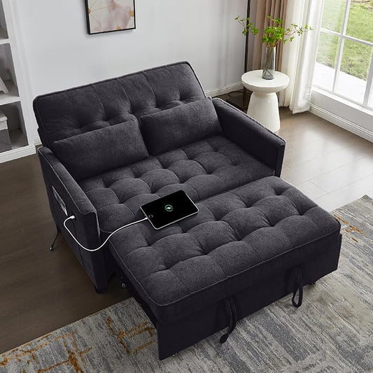 Convertible Sofa Bed, 3 in 1 Pull Out Couch, Loveseat Sleeper with Side Pocket, Sleeper Sofa with Adjustable Backrest | USB Charging Port | Two Pillows | Fabric | Charcoal Black