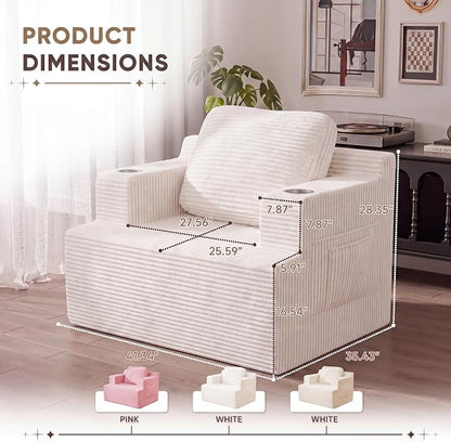 Homall 42” Single Sofa Foam Couch for Small Spaces Upholstered Floor Sofa with Cup Holder & Storage Pocket Boneless Couch for Bedroom Living Room (White, Single)