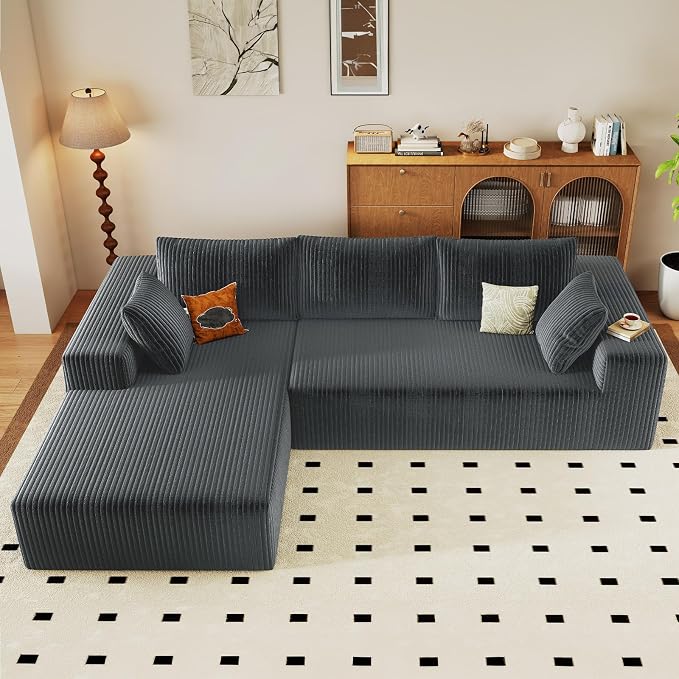 96" Modular Sectional Sofa, Modern Corduroy Cloud Couch with Deep Seat, Boneless Couch Upholstered 3-Seater L-Shaped Sofa for Living Room, No Assembly Required (Dark Grey, Left-Facing Chaise)
