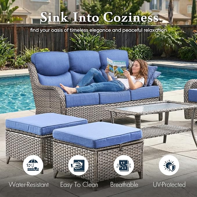 Belord Luxury 6" Thick Cushioned PE Wicker 3-Seater Outdoor Couch, All-Weather Comfortable Modern Patio Sofa, High Back Deep Seat Woven Outdoor Furniture for Porch Balcony, Lawn, Deck - Greyblue