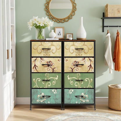 4 Drawers Dresser for Bedroom, Fabric Storage Tower Organizer with Wooden Top and Steel Frame, Tall Chest of Drawers for Closet, Entryway, Dorm, Floral Painted