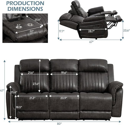 Power Zero Gravity Reclining Sofa with Adjustable Headrest, Electric Reclining Couch with Drop Down Table, Power Recliner Sofa 3-Seater for Living Room (Badlands Charcoal-Sofa)