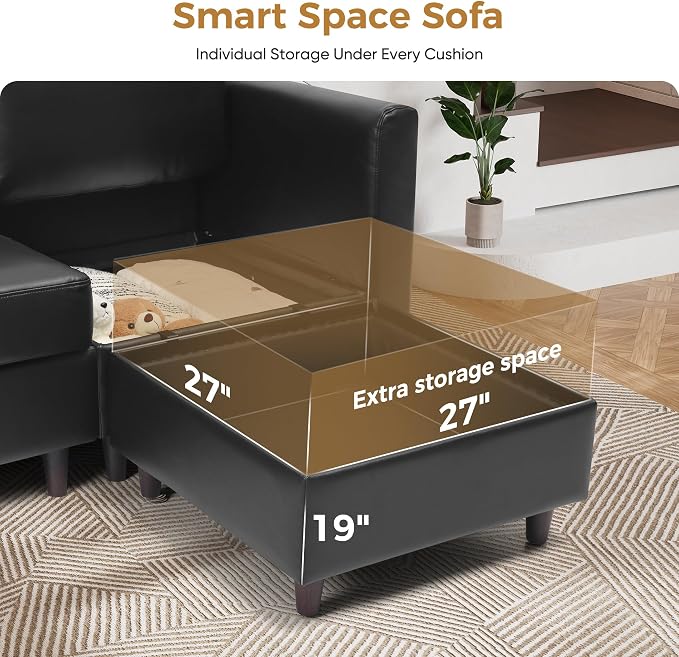 ABCASA Faux Leather Modular Sectional Sofa 118.5", L Shaped Couch Set for Living Room, 5-Seater Comfy Cloud Couches with Movable Storage Ottoman,DIY Combination - Black