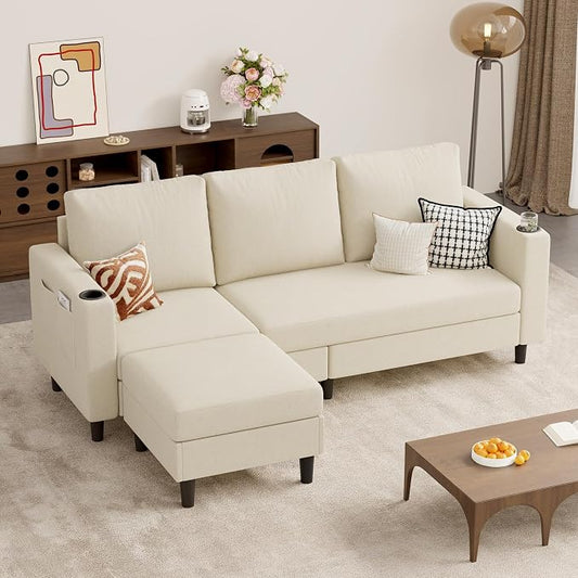 Luxanimarion Upholstered Sectional Sofa and Couches, 78'' L Shaped 3-seat Sofa forLiving Room, Apartment, Lounge,Bedroom-Washable Covers Convertible Sofas(Linen Fabric,Beige