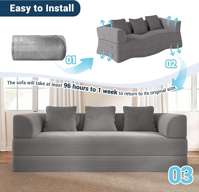 89" Cloud Boneless Convertible Sofa Bed, 5-in-1 Foldable Compressed High-Density Sponge Sofa, Corduroy Fabric 3 Seater Sleeper Couch Futon Daybed for Living Room Bedroom (Medium Gray)
