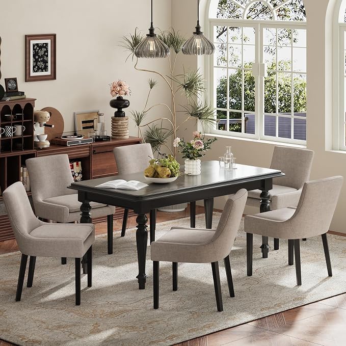 Modern Dining Room Chairs Set of 6 with Mid Back and Wood Legs, Upholstered Kitchen Chairs for Dining Room/Living Room, Camel