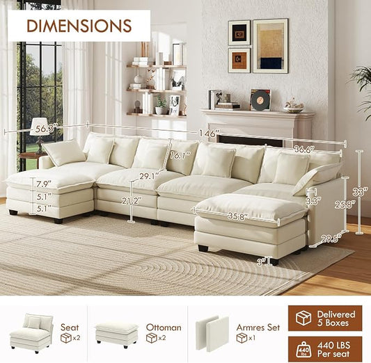 WorthFurni 146” Oversized Modular Sectional Sofa, U Shaped Cloud Couch Set, 4-Seater Comfy Chenille Couches with 2 Movable Ottomans, DIY Combination for Living Room （Beige）