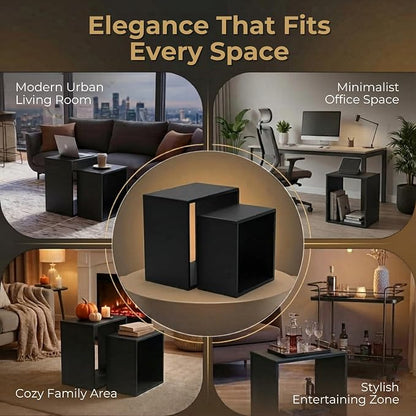 Relso Cascade Nesting Tables Set of 2 - Solid Wood with Smooth Rounded Edges for Stylish Living Room, Bedroom Or Outdoor Use - Space-Saving Design, Natural Grain, Long-Lasting, Black Finish