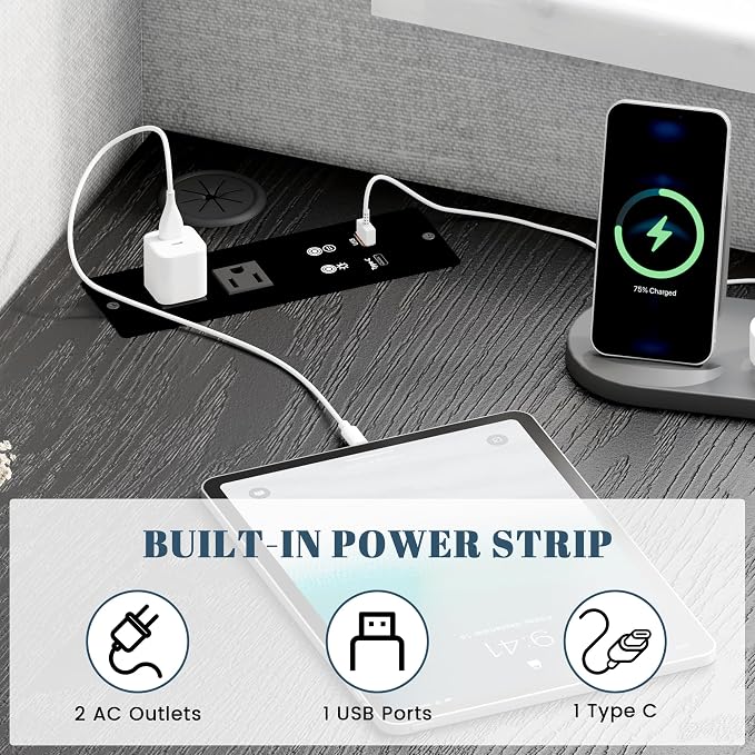 Corner Desk with Charging Station and LED Lights, Black | Triangle gaming computer desk for home office. Features space saving storage shelves, CPU stand, and smart LED light