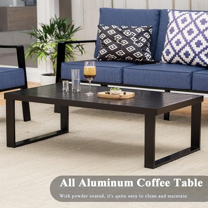 Aluminum Outdoor Patio Furniture Set, 4 Piece Sectional Coversation Sets with Coffee Table, Modern Outdoor Sofa Couch with Thick Cushions for Porch, Balcony, Garden (Black/Blue)