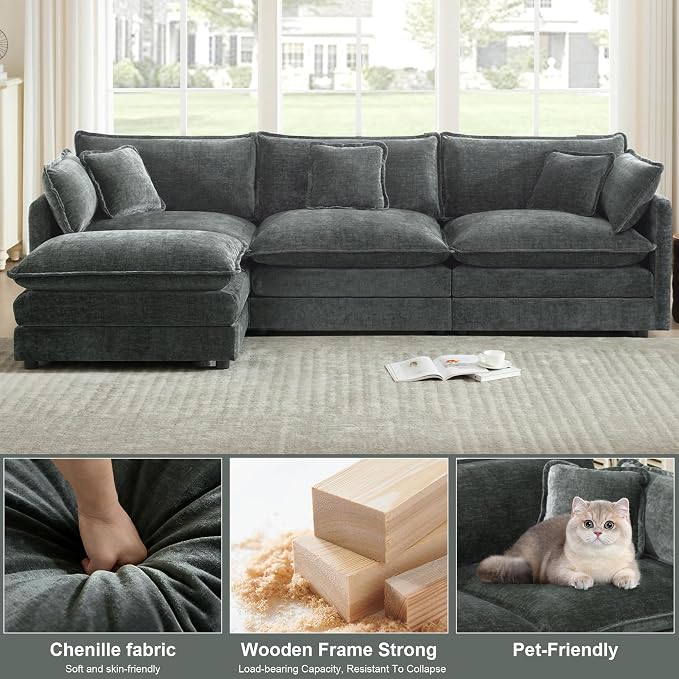 111.5" Modular Sectional Sofa, Large L Shaped Sectionals Cloud Couch, Big Comfy 3-Seat Couch with Ottoman, 4 Seater Chenille Sectional Sofa with Deep Seat and 5 Pillows for Living Room- Grey