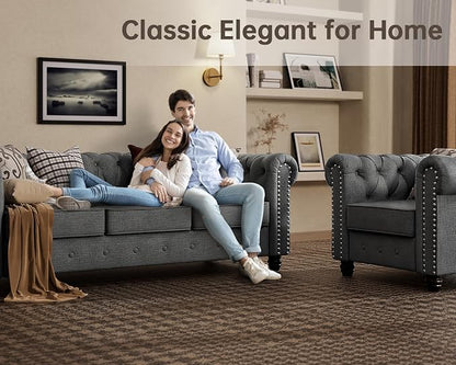 Morden Fort 2 Piece Classic Chesterfield 4-Seater Set, Tufted Chair & Sofa Furniture Solid Wood Legs Thick Cushion, Pet-Friendly Couch Set for Living Room Bedroom Apartment, Linen Grey