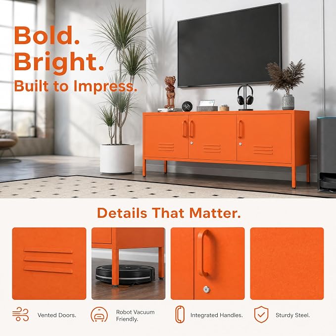 Metal Storage Cabinet-22 Tall Steel TV Stand Cabinets with Lockable Doors and Adjustable Shelves Orange Living Room Locker Organizer for Home Office Bedroom Size：22" H X 47.3" W X 13.8" D