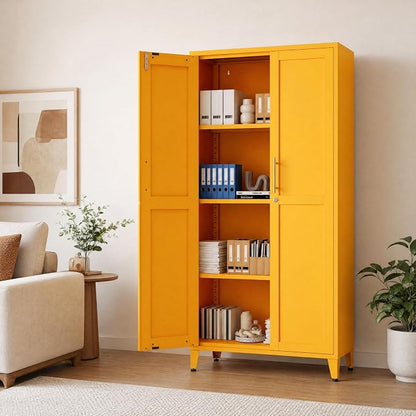 61" Yellow Metal Storage Cabinet and Lock, 2-Door Metal Locker Cabinet with Adjustable Shelves, 4-Tier Steel Storage Locker for Bedroom Living Room Kitchen Home Office Size：61"H X 27.6"W X 13.8"D