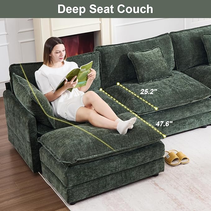 111.5" Modular Sectional Sofa, Large L Shaped Sectionals Cloud Couch, Big Comfy 3-Seat Couch with Ottoman, 4 Seater Chenille Sectional Sofa with Deep Seat and 5 Pillows for Living Room- Green