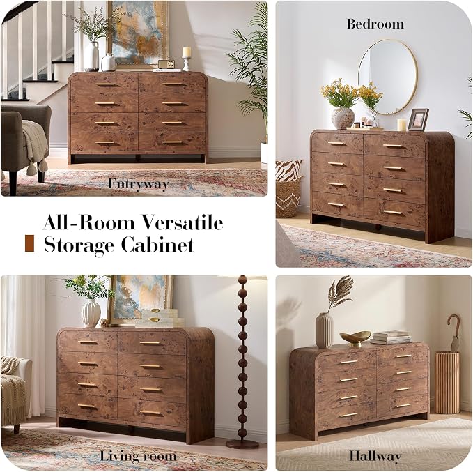 Curved 8 Drawer Dresser for Bedroom, 53.82'' Wide Chest of Drawers, Modern Storage Cabinet for Hallway & Living Room TV Stand, FSC Certified 1.18" Thick Board, 100 lbs Top Weight, Dark Burl