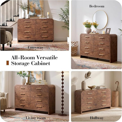 Curved 8 Drawer Dresser for Bedroom, 53.82'' Wide Chest of Drawers, Modern Storage Cabinet for Hallway & Living Room TV Stand, FSC Certified 1.18" Thick Board, 100 lbs Top Weight, Dark Burl