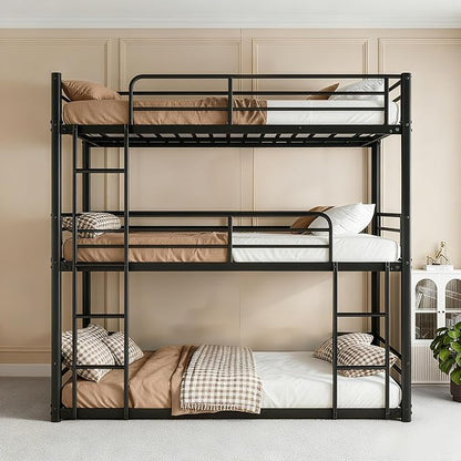 Triple Bunk Beds, 3 Bunk Bed Twin Over Twin Over Twin with 2 Ladders, Metal Frame with Guardrails,Heavy Duty Triple Bed Frame for Teenagers/Adults Bedroom, No Box Spring Needed