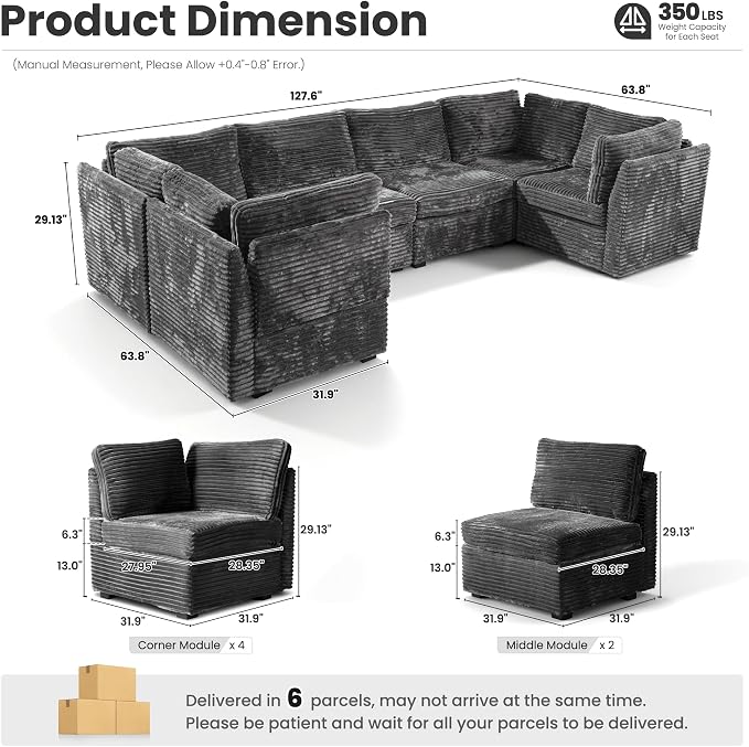 ovios Modular Sectional Sofa Couch with U-Shape Chaises Convertible, Comfy Plush Corduroy Cloud Couches, Modern Luxury Deep Seat Sofas Set for Living Room, 6-Seater, Grey