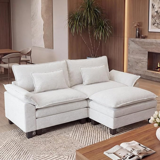 URRED Oversized Modular Sectional Sofa, 87" L Shaped Modern Comfy Cloud Couch with Movable Ottoman & Pillows, Deep Seat Couches for Living Room, Bedroom or Apartment (Corduroy Beige, 87" L Shaped)