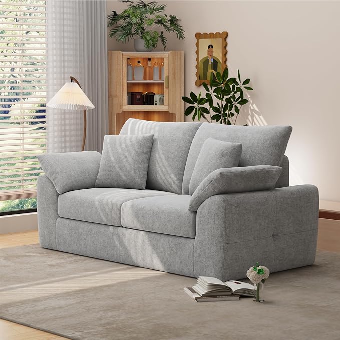 75.6" Boneless Loveseat Sofa, Polyester Fabric 2-Seater Couch with 4 Pillows, No Assembly Required, Soft High Density Foam Cushion, Rectangular Track Arm Sofa for Living Room Bedroom Apartment (Grey)