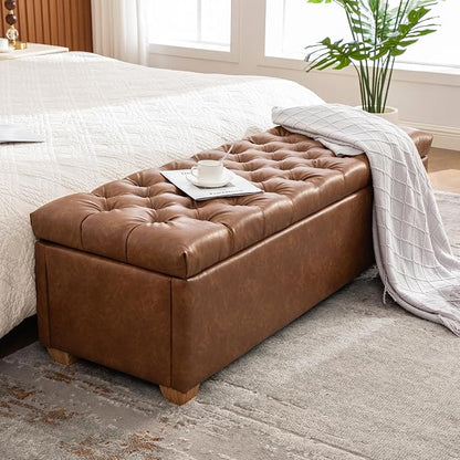 60.2" Storage Bench, End of Bed Storage Benches, PU Fabric Upholstered Ottoman Bench with Safety Hinge for Living Room Entryway Bedroom Hallway