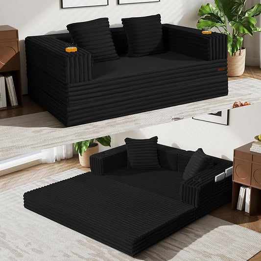 COMAX Futon Sofa Bed, Convertible Sofa Bed, Folding Boneless Couches | Boneless Couch for living room, Fold Out Small Foldable Loveseat Floor Sleeper Mattress Lounge Space‑Saving, Jet Black