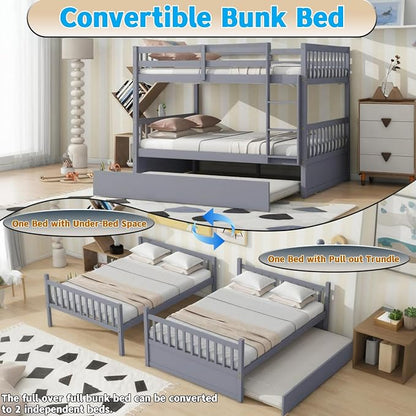 Harper & Bright Designs Convertible Wood Full-Over-Full Bunk Bed with Trundle and Ladder - Can Be Divided Into Two Platform Beds, Grey