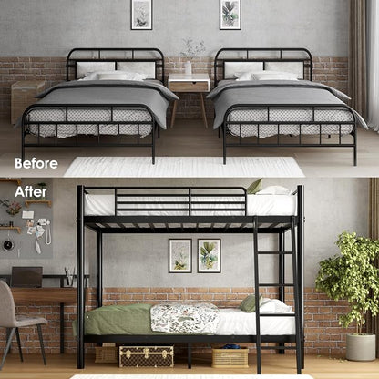 sogesfurniture Heavy-Duty Metal Bunk Bed with Safety Guardrail and Ladder,Twin Size (75"x39"), Space-Saving Design for Kids, Teens, Guest Room - Black